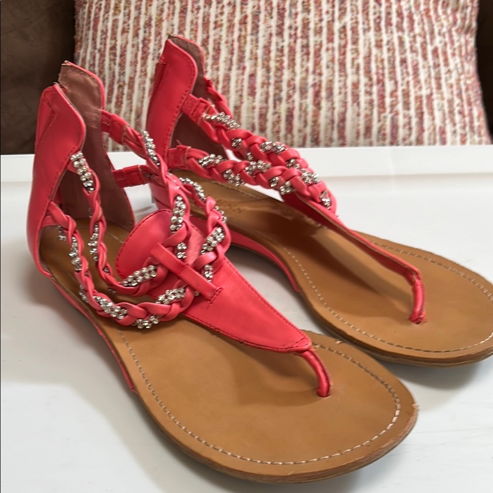 Guess Pink and Tan Sandals with Intricate Beadwork